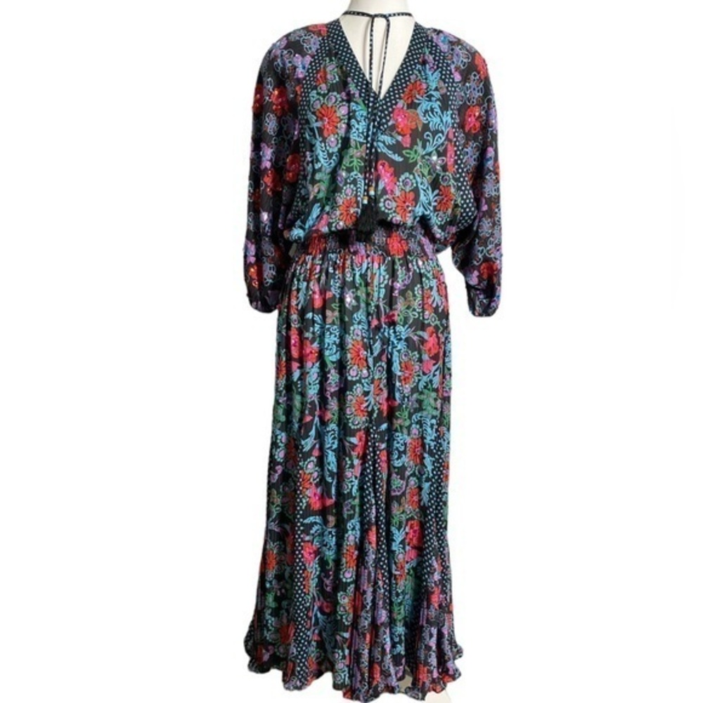 Black and Pink Ruffled Tiered Maxi Dress with V-Neck